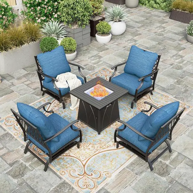 Main image of HERA'S HOUSE 5-Piece Patio Rocking Chair Set, 4-Seat, Fire Pit Table, Blue | Rocking Chairs, All-Weather, For Garden, Deck, Backyard