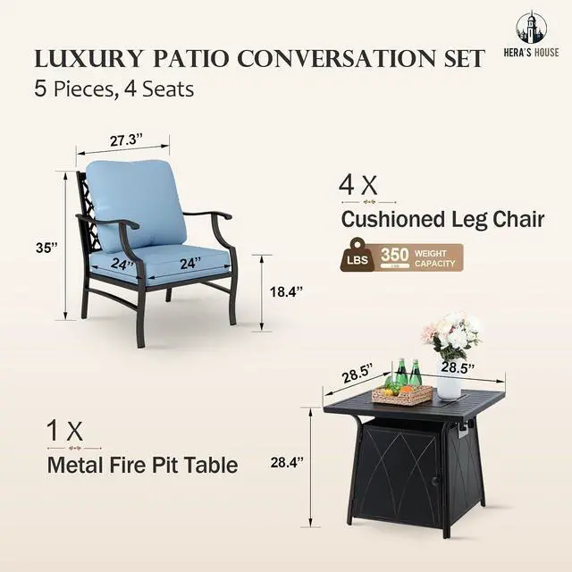 Alt view image 6 of 6 - HERA'S HOUSE 5-Piece Steel Wrought Iron Outdoor Conversation Set, 4 Seats | Fire Pit Table, Blue Leg Chair, Single chairs could support up to 350lbs