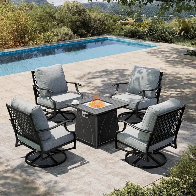 Main image of HERA'S HOUSE 5-Piece Steel Wrought Iron Outdoor Conversation Set, 4 Seats | 28 in Fire Pit Table, Gray Swivel Chair, Single chairs could support up to 350lbs