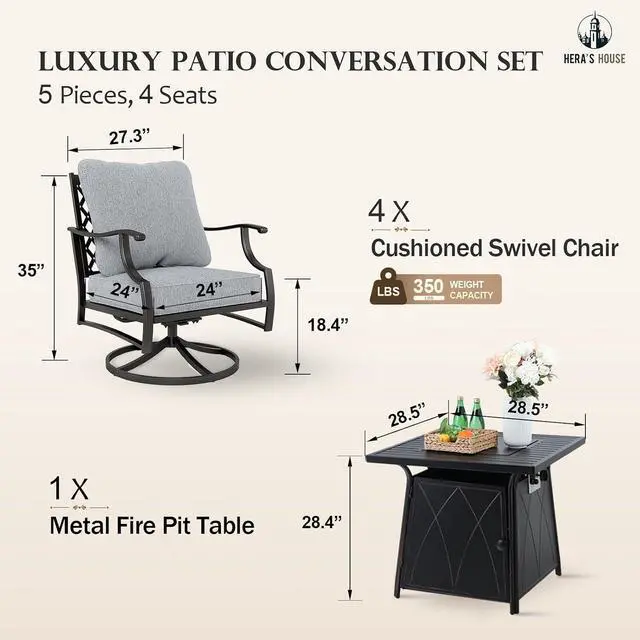 Alt view image 6 of 6 - HERA'S HOUSE 5-Piece Steel Wrought Iron Outdoor Conversation Set, 4 Seats | 28 in Fire Pit Table, Gray Swivel Chair, Single chairs could support up to 350lbs