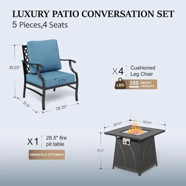 Alt view image 6 of 6 - HERA'S HOUSE 5 Pieces Patio Furniture Set with Fire Pit Table, 4 x Thick Cushioned Chairs, 1 x Fire Pit Table (50,000 BTU), All Weather Outdoor Conversation Set for Garden, Backyard, Lawn, Navy Blue