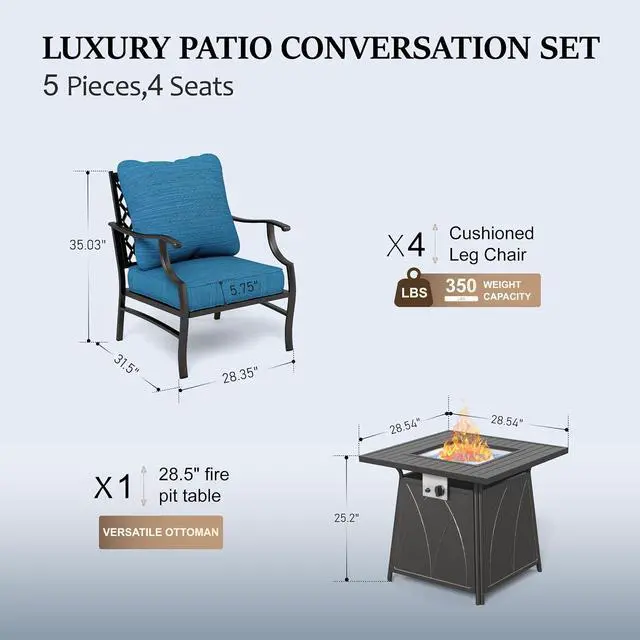 Alt view image 6 of 6 - HERA'S HOUSE 5-Piece Steel Wrought Iron Outdoor Conversation Set, 4 Seats | Fire Pit Table, Pacific Blue Leg Chair, Single chairs could support up to 350lbs