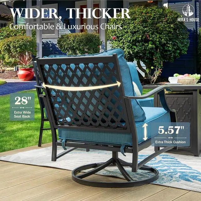 Alt view image 4 of 7 - HERA'S HOUSE 6-Piece Wrought Iron Outdoor Conversation Set, 7 Seats | Pacific Blue Swivel Chair + Ottoman, Coffee Table, Single chairs could support up to 350lbs