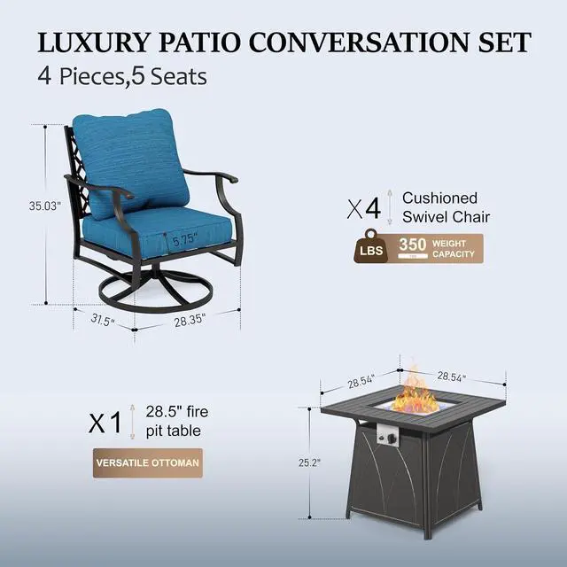 Alt view image 7 of 7 - HERA'S HOUSE 5-Piece Steel Wrought Iron Outdoor Conversation Set, 4 Seats | 28 in Fire Pit Table, Pacific Blue Swivel Chair, Single chairs could support up to 350lbs