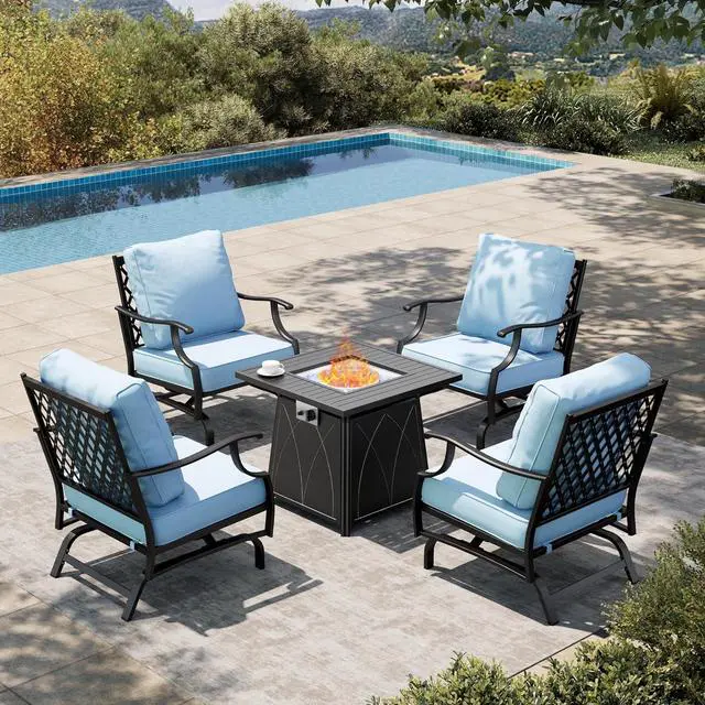 Main image of HERA'S HOUSE 5-Piece Steel Wrought Iron Outdoor Conversation Set, 4 Seats | Fire Pit Table, Blue Rocking Chair, Single chairs could support up to 350lbs