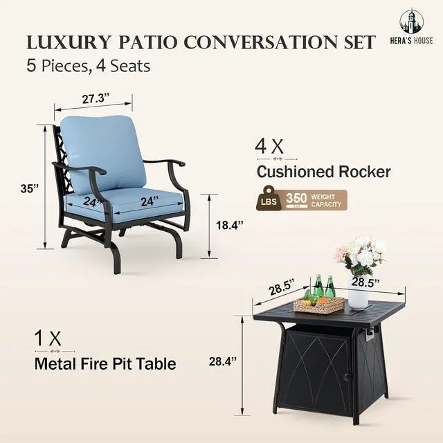 Alt view image 6 of 6 - HERA'S HOUSE 5-Piece Steel Wrought Iron Outdoor Conversation Set, 4 Seats | Fire Pit Table, Blue Rocking Chair, Single chairs could support up to 350lbs