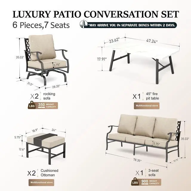 Alt view image 6 of 7 - HERA'S HOUSE 6-Piece Wrought Iron Outdoor Conversation Set, 7 Seats | Beige Rocker + Ottoman, Coffee Table, Single chairs could support up to 350lbs
