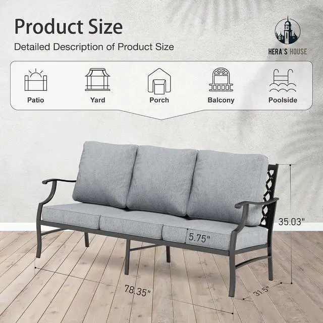 Alt view image 6 of 7 - HERA'S HOUSE Patio Furniture Sofa, All-Weather Outdoor 3 Seats Couch, Outdoor Patio Couch with Deep Seating and Olefin Cushions for Lawn Garden Backyard, Grey