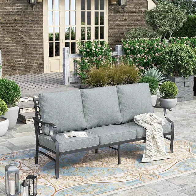 Alt view image 7 of 7 - HERA'S HOUSE Patio Furniture Sofa, All-Weather Outdoor 3 Seats Couch, Outdoor Patio Couch with Deep Seating and Olefin Cushions for Lawn Garden Backyard, Grey