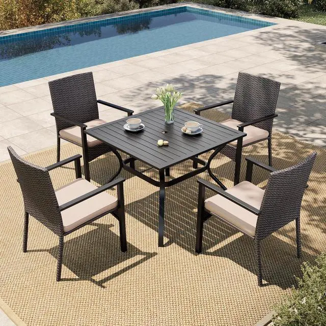 Main image of HERA'S HOUSE 5pc Patio Dining Set, Rattan Chairs, 37" Square Metal Table | 4 PE Wicker Patio Chair with Cushion & 37" Square Metal Dining Table with Umbrella Hole for Lawn Garden Deck
