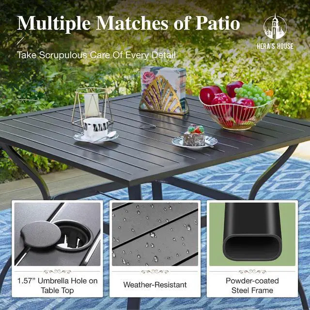 Alt view image 5 of 7 - HERA'S HOUSE 5pc Patio Dining Set, Rattan Chairs, 37" Square Metal Table | 4 PE Wicker Patio Chair with Cushion & 37" Square Metal Dining Table with Umbrella Hole for Lawn Garden Deck