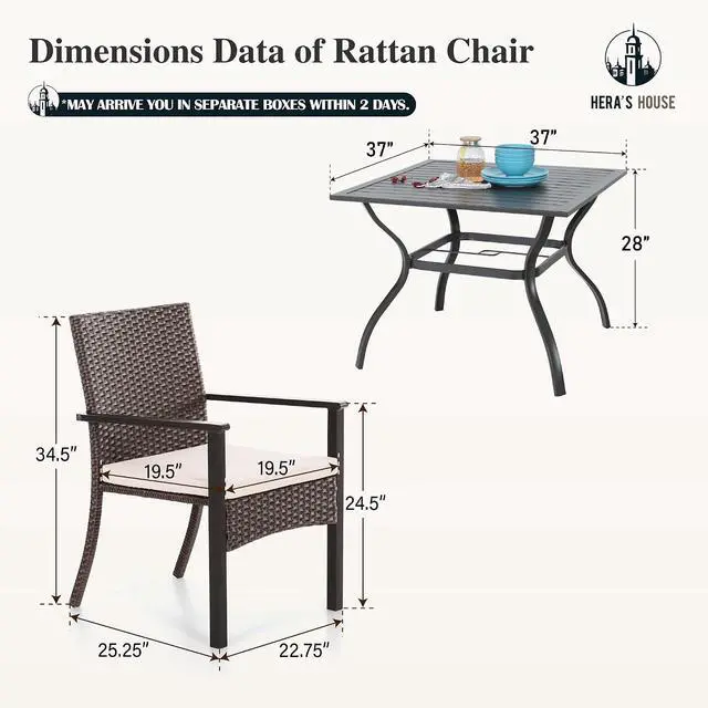 Alt view image 7 of 7 - HERA'S HOUSE 5pc Patio Dining Set, Rattan Chairs, 37" Square Metal Table | 4 PE Wicker Patio Chair with Cushion & 37" Square Metal Dining Table with Umbrella Hole for Lawn Garden Deck