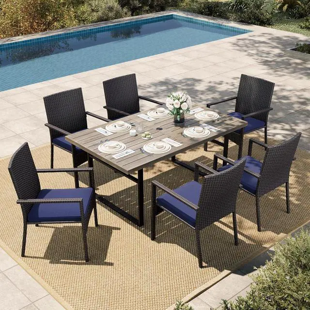 Main image of HERA'S HOUSE 7-Piece Patio Dining Set, Rattan Chairs, Rectangular Table | Patio Table and Chairs Set, Outdoor Dining Furniture Set with Cushions, 64" Wood Grain Table with Umbrella Hole