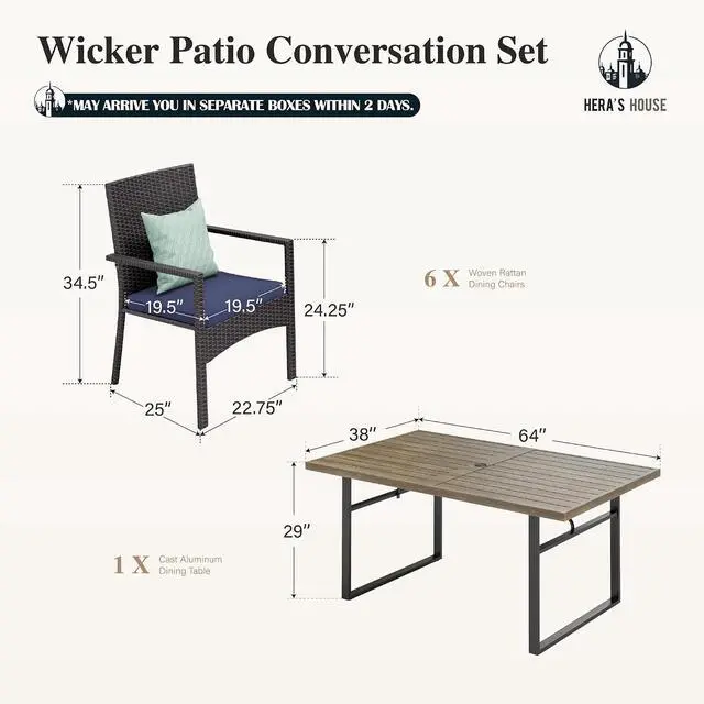 Alt view image 7 of 7 - HERA'S HOUSE 7-Piece Patio Dining Set, Rattan Chairs, Rectangular Table | Patio Table and Chairs Set, Outdoor Dining Furniture Set with Cushions, 64" Wood Grain Table with Umbrella Hole