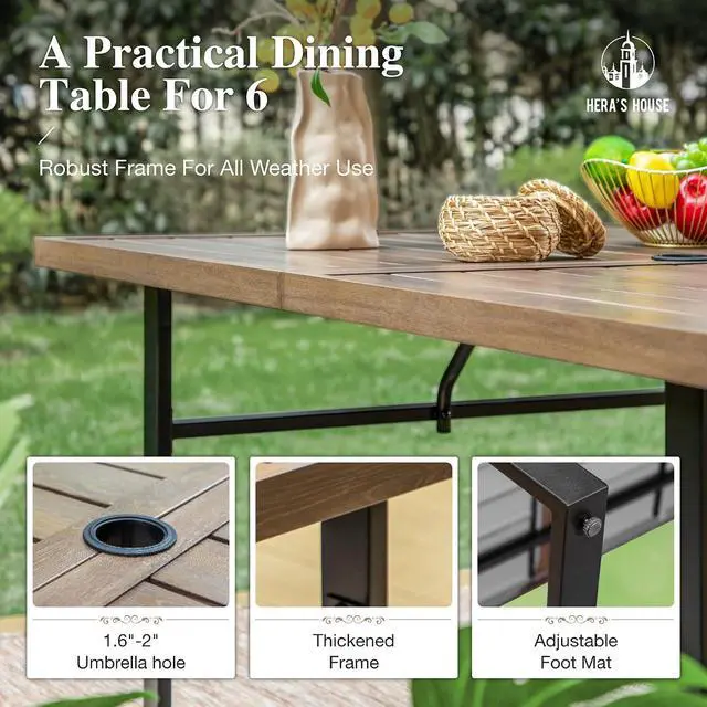 Alt view image 6 of 7 - HERA'S HOUSE 7-Piece Patio Dining Set, Rattan Chairs, Rectangular Table | Patio Table and Chairs Set, Outdoor Dining Furniture Set with Cushions, 64" Wood Grain Table with Umbrella Hole