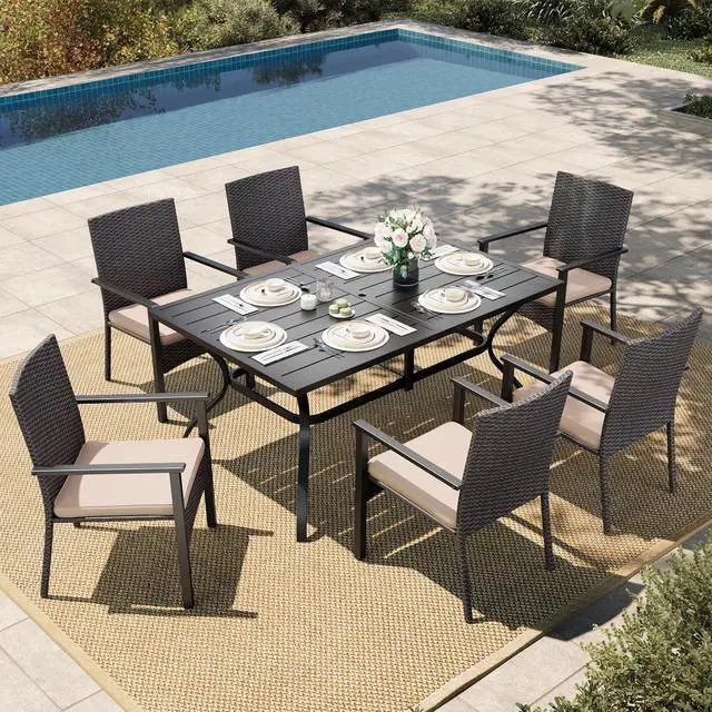 Main image of HERA'S HOUSE 7-Piece Patio Dining Set, Rattan Chairs, Rectangular Table | Patio Dining Set for 6, Outdoor Rattan Chairs and Black Metal Table with Umbrella Hole, Patio Dining Set for Deck