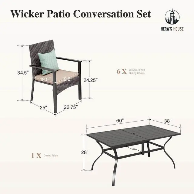 Alt view image 7 of 7 - HERA'S HOUSE 7-Piece Patio Dining Set, Rattan Chairs, Rectangular Table | Patio Dining Set for 6, Outdoor Rattan Chairs and Black Metal Table with Umbrella Hole, Patio Dining Set for Deck