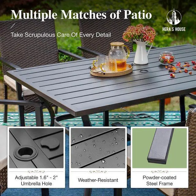 Alt view image 5 of 7 - HERA'S HOUSE 7-Piece Patio Dining Set, Rattan Chairs, Rectangular Table | Patio Dining Set for 6, Outdoor Rattan Chairs and Black Metal Table with Umbrella Hole, Patio Dining Set for Deck