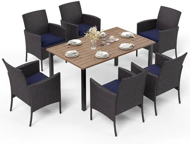 Main image of HERA'S HOUSE 7 Pieces Outdoor Dining Set, Outdoor Dining Set for 6, 6 x Cushioned Rattan Chairs, 1 x Rectangular Metal Dining Table with Wood-Look Finish for Patio, Lawn, Garden, Porch