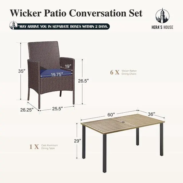 Alt view image 7 of 7 - HERA'S HOUSE 7 Pieces Outdoor Dining Set, Outdoor Dining Set for 6, 6 x Cushioned Rattan Chairs, 1 x Rectangular Metal Dining Table with Wood-Look Finish for Patio, Lawn, Garden, Porch
