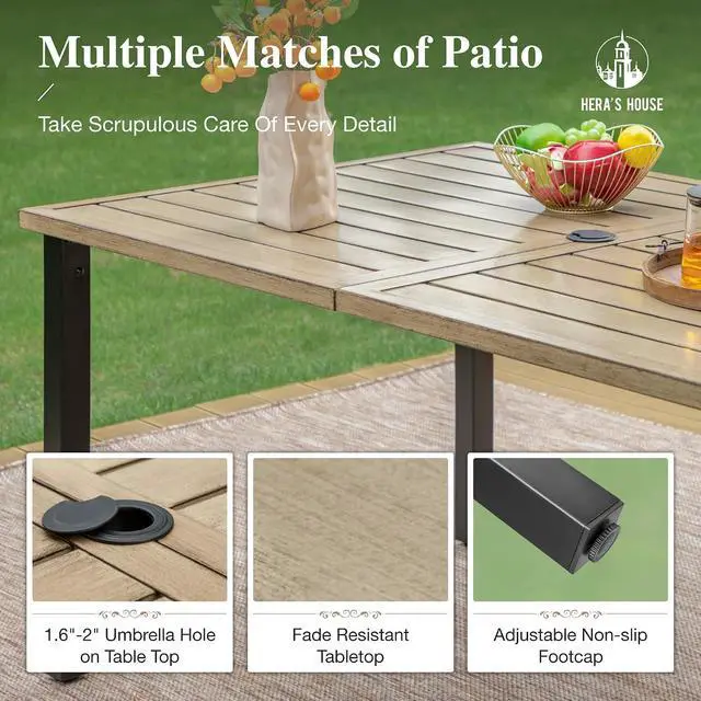Alt view image 6 of 7 - HERA'S HOUSE 7 Pieces Outdoor Dining Set, Outdoor Dining Set for 6, 6 x Cushioned Rattan Chairs, 1 x Rectangular Metal Dining Table with Wood-Look Finish for Patio, Lawn, Garden, Porch