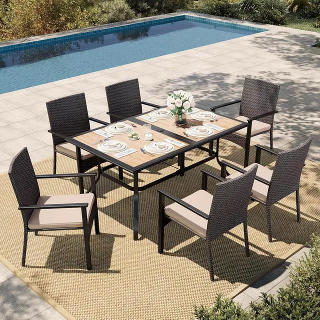 Main image of HERA'S HOUSE 7-Piece Patio Dining Set, Rattan Chairs, Rectangular Table | Outdoor Dining Sets for 6, Outdoor Rattan Chairs and Wood-like Table with Umbrella Hole
