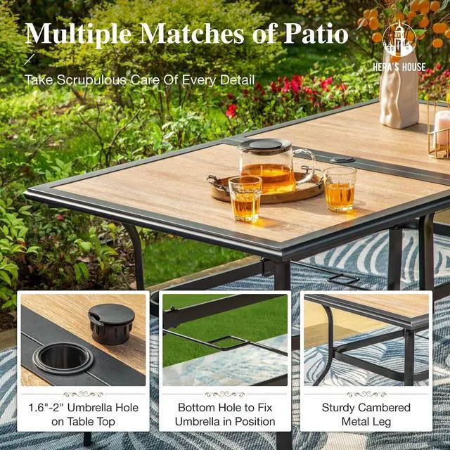 Alt view image 5 of 7 - HERA'S HOUSE 7-Piece Patio Dining Set, Rattan Chairs, Rectangular Table | Outdoor Dining Sets for 6, Outdoor Rattan Chairs and Wood-like Table with Umbrella Hole