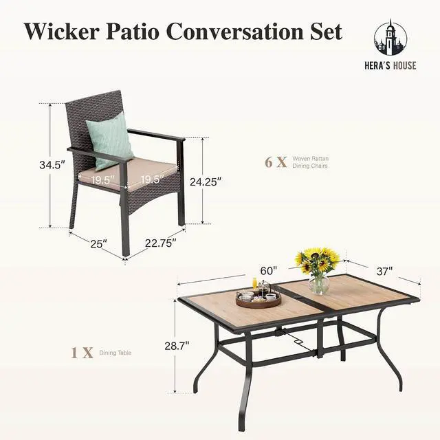 Alt view image 7 of 7 - HERA'S HOUSE 7-Piece Patio Dining Set, Rattan Chairs, Rectangular Table | Outdoor Dining Sets for 6, Outdoor Rattan Chairs and Wood-like Table with Umbrella Hole