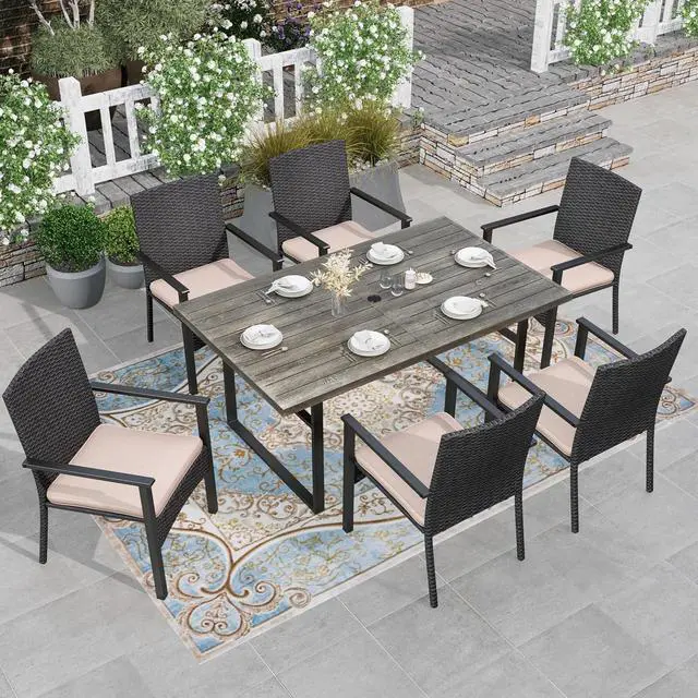 Main image of HERA'S HOUSE 7-Piece Patio Dining Set, Rattan Chairs, Rectangular Table | Patio Dining Set for 6, 6 Outdoor Rattan Armchair with Removable Cushions, Rectangular Patio Table with Umbrella Hole