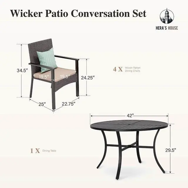 Alt view image 7 of 7 - HERA'S HOUSE 5pc Patio Dining Set, Rattan Chairs, Round Metal Table | Outdoor Dining Set for 4,4 Rattan Armchair with Removable Soft Cushions and 42" Round Metal Dining Table