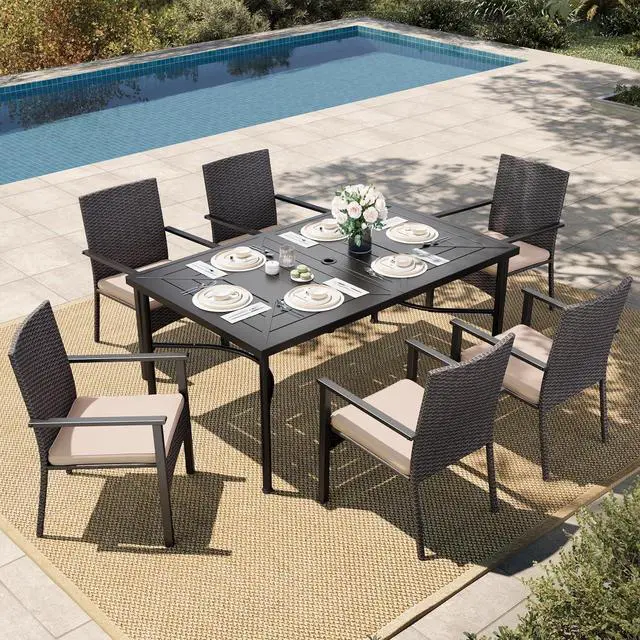 Main image of HERA'S HOUSE 7-Piece Patio Dining Set, Rattan Chairs, Rectangular Table | Patio Dining Set, 6 Outdoor Rattan Armchair with Removable Soft Cushions and Rectangular Metal Dining Table