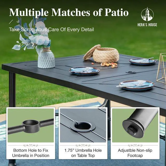 Alt view image 5 of 7 - HERA'S HOUSE 7-Piece Patio Dining Set, Rattan Chairs, Rectangular Table | Patio Dining Set, 6 Outdoor Rattan Armchair with Removable Soft Cushions and Rectangular Metal Dining Table