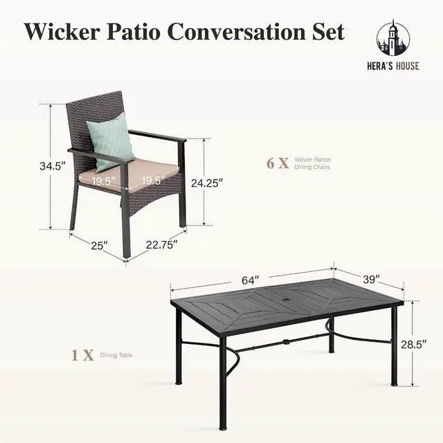 Alt view image 7 of 7 - HERA'S HOUSE 7-Piece Patio Dining Set, Rattan Chairs, Rectangular Table | Patio Dining Set, 6 Outdoor Rattan Armchair with Removable Soft Cushions and Rectangular Metal Dining Table