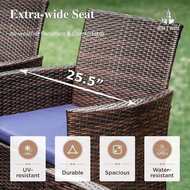 Alt view image 5 of 7 - HERA'S HOUSE 7 Pieces Outdoor Dining Set, Outdoor Dining Set for 6, 6 x Cushioned Rattan Chairs, 1 x Rectangular Metal Dining Table with Wood-Look Finish for Patio, Lawn, Garden, Porch