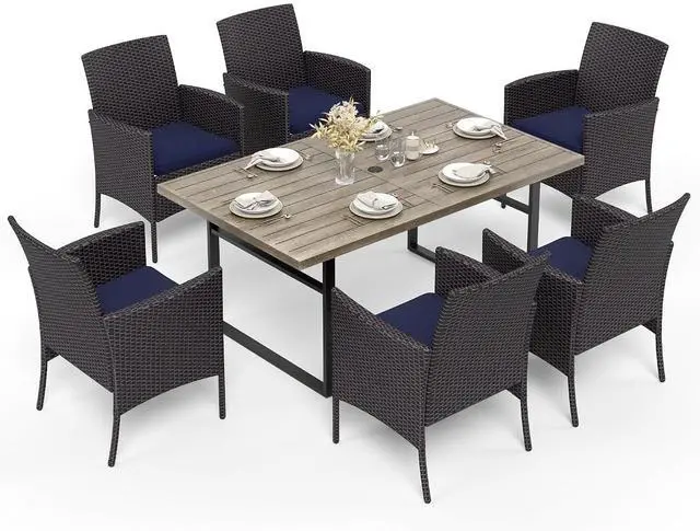 Main image of HERA'S HOUSE 7-Piece Patio Dining Set, 6 x Outdoor Rattan Armchair with Removable Cushions, 1 x 64 Inches Rectangular Patio Table with 1.57"-1.9" Umbrella Hole for Patio, Lawn, Garden, Porch