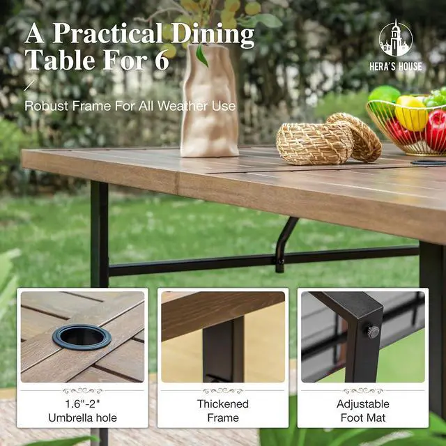 Alt view image 6 of 7 - HERA'S HOUSE 7-Piece Patio Dining Set, 6 x Outdoor Rattan Armchair with Removable Cushions, 1 x 64 Inches Rectangular Patio Table with 1.57"-1.9" Umbrella Hole for Patio, Lawn, Garden, Porch