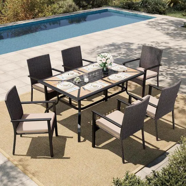 Main image of HERA'S HOUSE 7-Piece Patio Dining Set, Rattan Chairs, Rectangular Table | Patio Dining Sets for 6, Outdoor Rattan Chairs and Wood-Like Table with Umbrella Hole, Modern Outdoor Table and Chairs