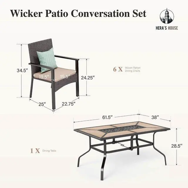 Alt view image 7 of 7 - HERA'S HOUSE 7-Piece Patio Dining Set, Rattan Chairs, Rectangular Table | Patio Dining Sets for 6, Outdoor Rattan Chairs and Wood-Like Table with Umbrella Hole, Modern Outdoor Table and Chairs
