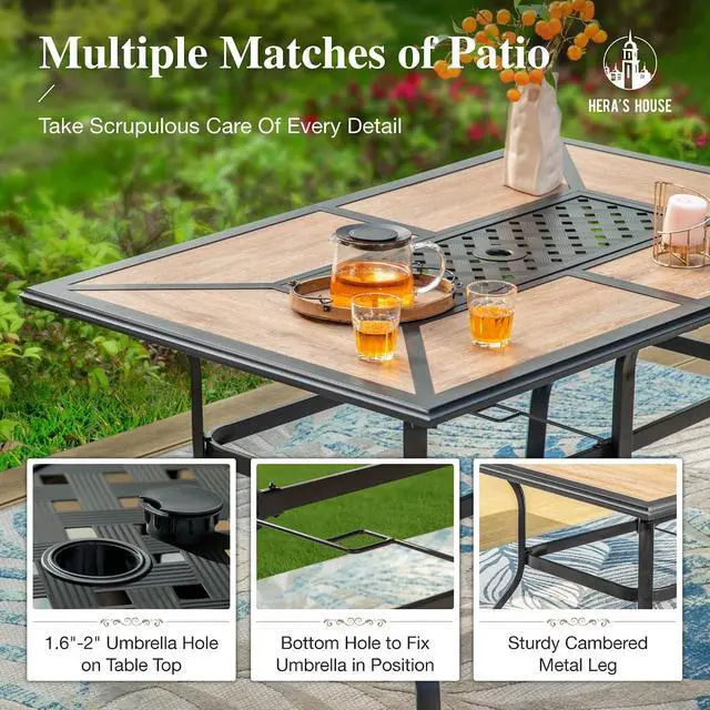 Alt view image 5 of 7 - HERA'S HOUSE 7-Piece Patio Dining Set, Rattan Chairs, Rectangular Table | Patio Dining Sets for 6, Outdoor Rattan Chairs and Wood-Like Table with Umbrella Hole, Modern Outdoor Table and Chairs