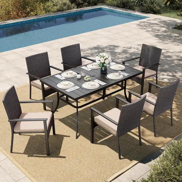 Main image of HERA'S HOUSE 7-Piece Patio Dining Set, Rattan Chairs, Rectangular Table | Patio Dining Set for 6, Outdoor PE Rattan Chairs and Black Metal Table with Umbrella Hole, Outdoor Patio Set for Deck