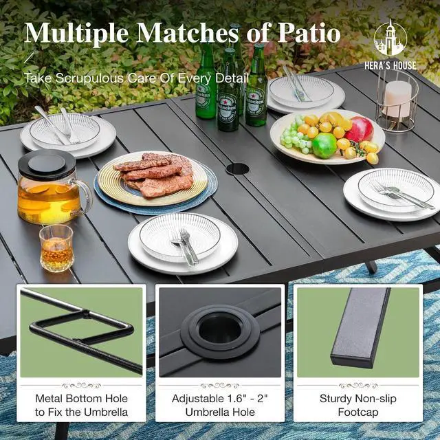 Alt view image 5 of 7 - HERA'S HOUSE 7-Piece Patio Dining Set, Rattan Chairs, Rectangular Table | Patio Dining Set for 6, Outdoor PE Rattan Chairs and Black Metal Table with Umbrella Hole, Outdoor Patio Set for Deck