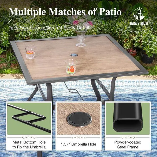 Alt view image 5 of 7 - HERA'S HOUSE 5pc Patio Dining Set, Rattan Chairs, 37" Square Metal Table | Outdoor Dining Set with 4 Wicker Patio Chair with Removed Cushion, 37" Wood Like Dining Table with Umbrella Hole