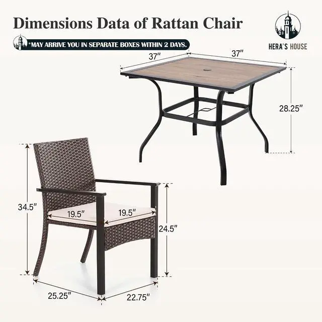 Alt view image 7 of 7 - HERA'S HOUSE 5pc Patio Dining Set, Rattan Chairs, 37" Square Metal Table | Outdoor Dining Set with 4 Wicker Patio Chair with Removed Cushion, 37" Wood Like Dining Table with Umbrella Hole