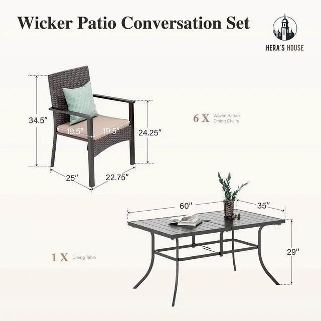Alt view image 7 of 7 - HERA'S HOUSE 7-Piece Patio Dining Set, Rattan Chairs, Rectangular Table | Patio Dining Set for 6, Outdoor PE Rattan Chairs and Black Metal Table with Umbrella Hole, Outdoor Patio Set for Deck