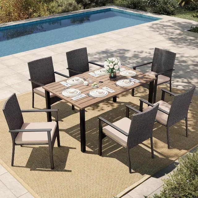 Main image of HERA'S HOUSE 7-Piece Patio Dining Set, Rattan Chairs, Rectangular Table | Patio Dining Set, 6 Outdoor Rattan Armchair with Beige Removable Cushions, Rectangular Wood-like Metal Dining Table