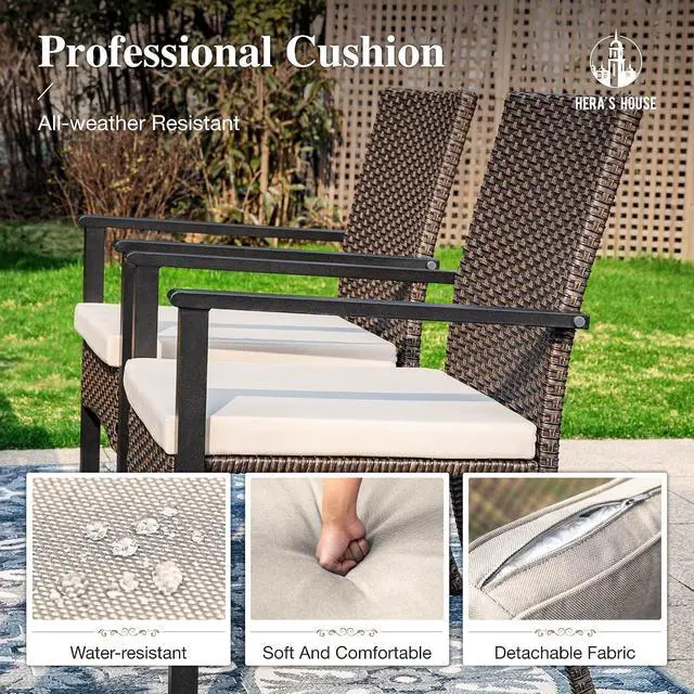Alt view image 4 of 7 - HERA'S HOUSE 7-Piece Patio Dining Set, Rattan Chairs, Rectangular Table | Patio Dining Set, 6 Outdoor Rattan Armchair with Beige Removable Cushions, Rectangular Wood-like Metal Dining Table