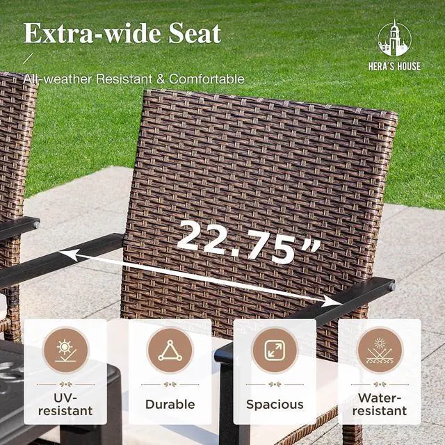 Alt view image 6 of 7 - HERA'S HOUSE 7-Piece Patio Dining Set, Rattan Chairs, Rectangular Table | Patio Dining Set, 6 Outdoor Rattan Armchair with Beige Removable Cushions, Rectangular Wood-like Metal Dining Table