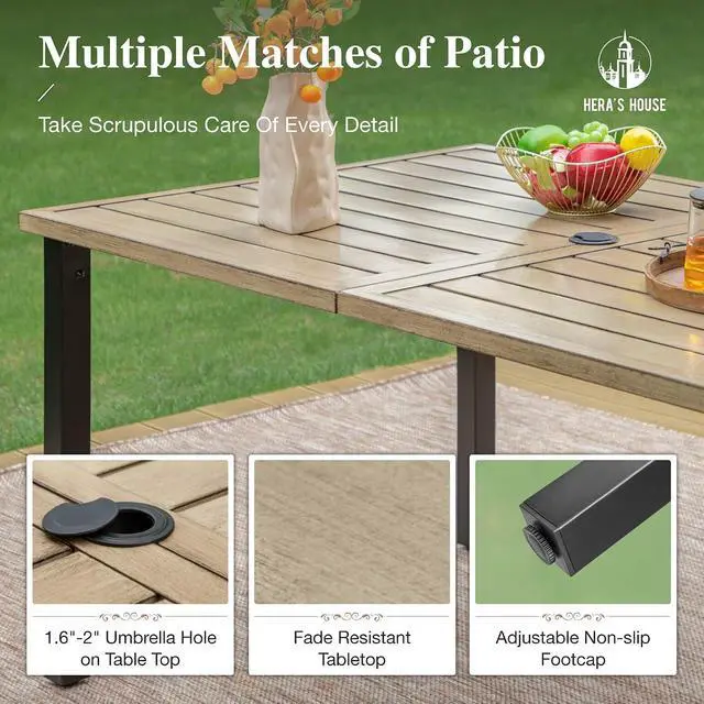 Alt view image 5 of 7 - HERA'S HOUSE 7-Piece Patio Dining Set, Rattan Chairs, Rectangular Table | Patio Dining Set, 6 Outdoor Rattan Armchair with Beige Removable Cushions, Rectangular Wood-like Metal Dining Table