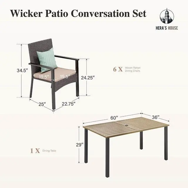Alt view image 7 of 7 - HERA'S HOUSE 7-Piece Patio Dining Set, Rattan Chairs, Rectangular Table | Patio Dining Set, 6 Outdoor Rattan Armchair with Beige Removable Cushions, Rectangular Wood-like Metal Dining Table