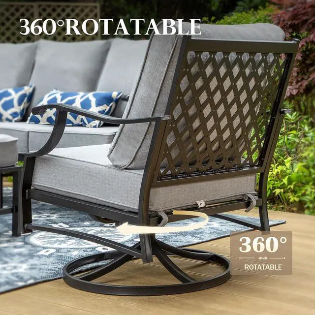 Alt view image 3 of 7 - HERA'S HOUSE 7-Piece Patio Conversation Set, 7-Seat, Swivel Chairs, Grey | Ottomans, Modular Design, All-Weather, For Garden, Deck, Backyard